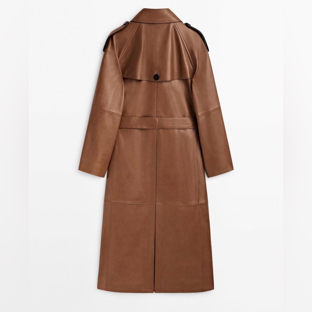 Massimo Dutti leather trench coat brown belted classic casual jacket - Picture 4 of 13